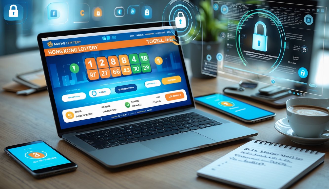 Meja kerja modern dengan laptop yang menampilkan antarmuka lotere digital, smartphone dengan layar login aman, dan beberapa alat tulis di sekitarnya.