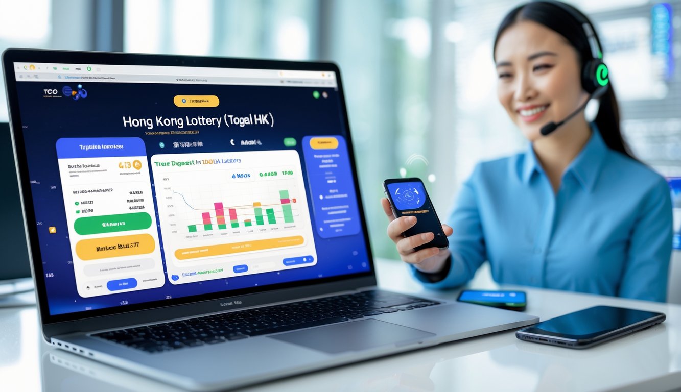 Seorang perwakilan layanan pelanggan dengan headset tersenyum di depan komputer dan ponsel yang menampilkan aktivitas permainan dan transaksi lotere online.