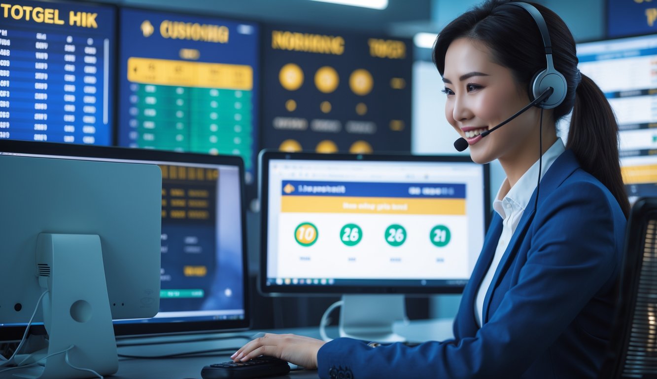 Seorang perwakilan layanan pelanggan sedang bekerja dengan komputer di kantor modern dengan layar digital menampilkan angka togel dan simbol transaksi cepat.