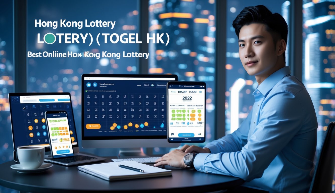 Seorang pria muda duduk di meja dengan laptop dan ponsel yang menampilkan data togel, latar belakang kota futuristik dengan pencahayaan terang.