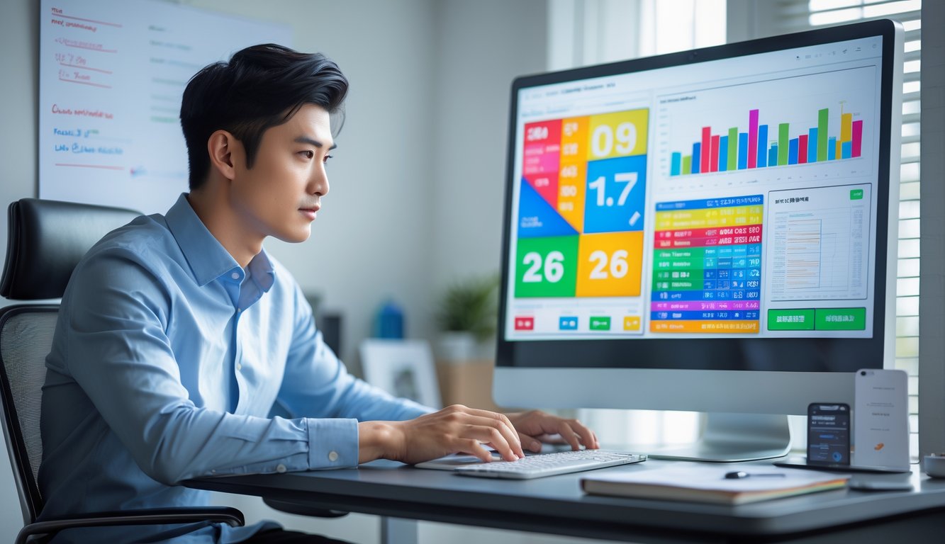 Seorang pria muda duduk di meja kerja dengan komputer menampilkan grafik dan data, fokus pada strategi permainan togel online.