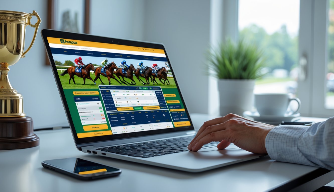 Seseorang menggunakan laptop untuk memasang taruhan balap kuda online di ruang kerja yang rapi dan terang.