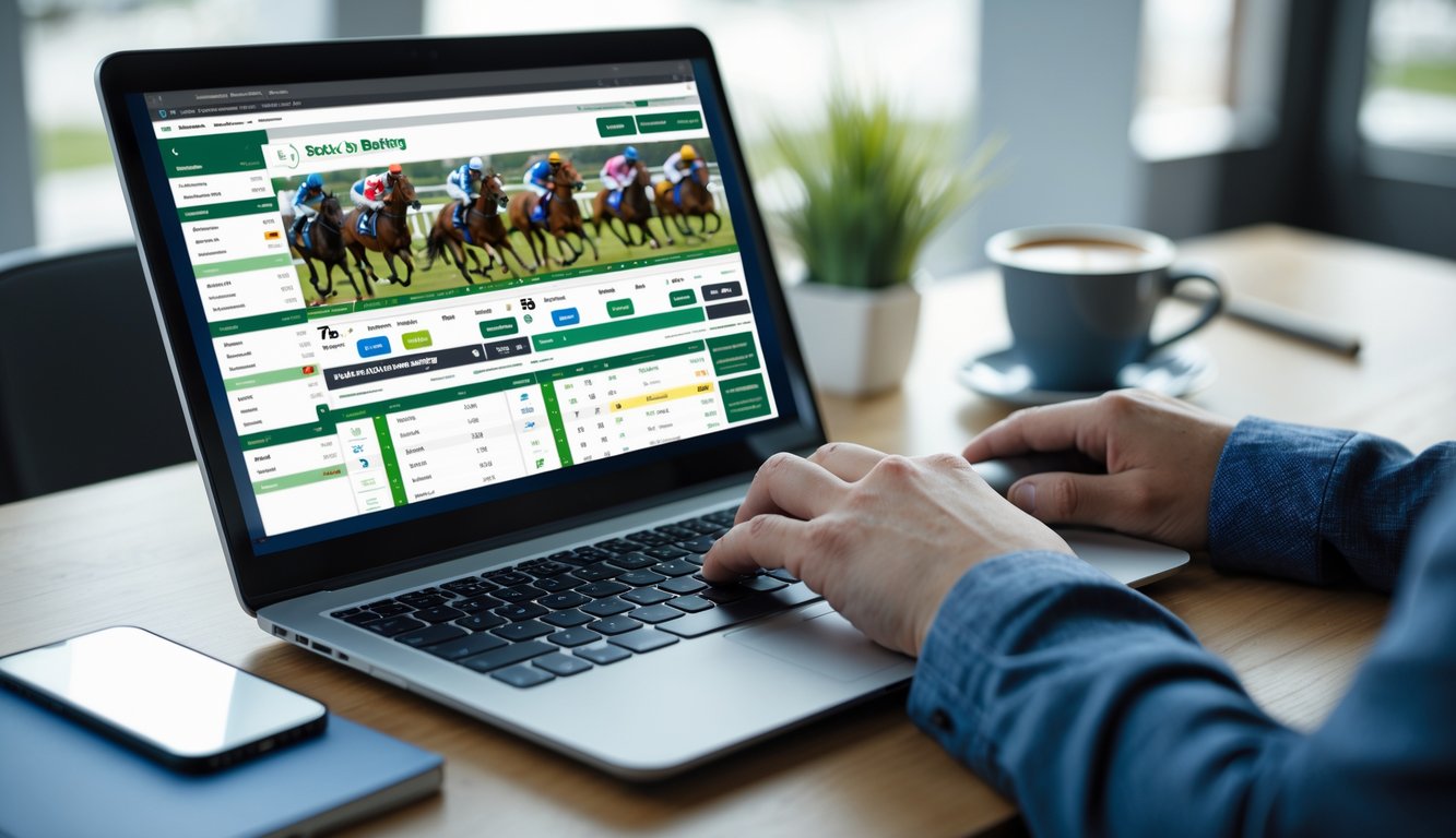 Seseorang menggunakan laptop untuk memasang taruhan balap kuda online di meja kerja modern dengan perangkat pendukung di sekitarnya.