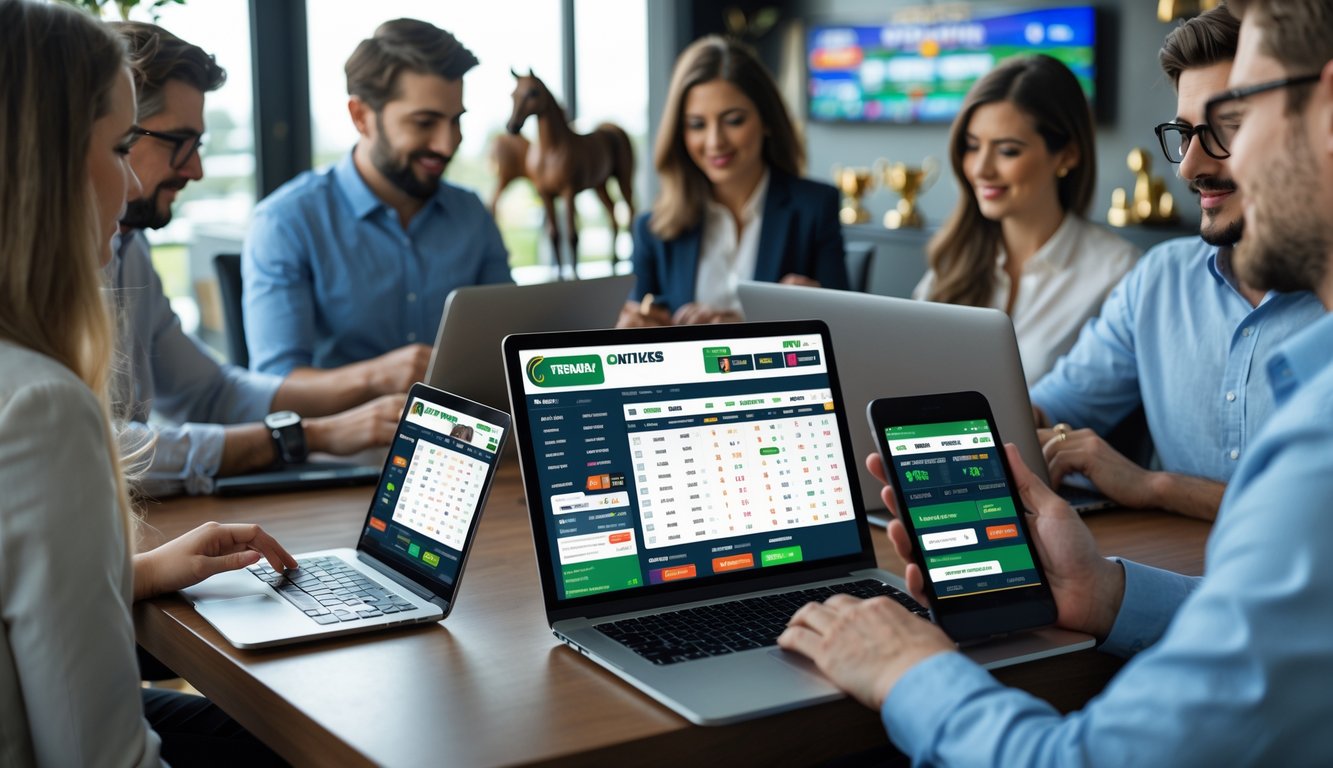 Beberapa orang menggunakan perangkat digital untuk taruhan balap kuda online di ruang modern dengan dekorasi bertema balap kuda.