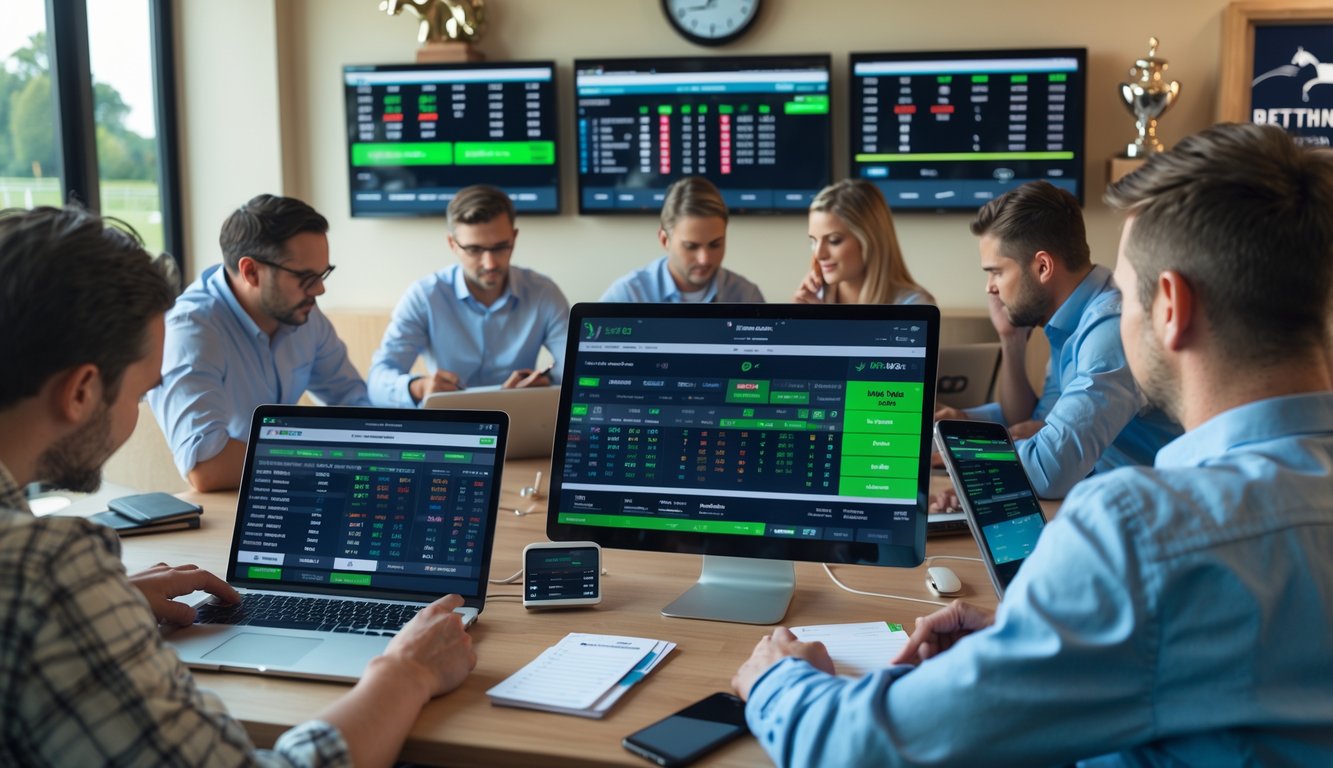 Beberapa orang menggunakan perangkat digital untuk memasang taruhan balap kuda secara online di ruangan modern dengan layar yang menampilkan balapan kuda dan data taruhan.