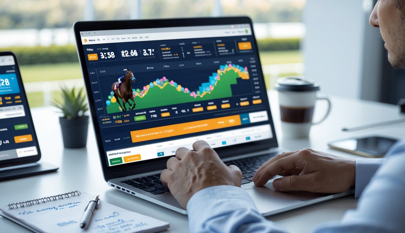 Seseorang menggunakan laptop dengan tampilan taruhan balap kuda online, di meja kerja yang rapi dengan layar tambahan menampilkan lintasan balap kuda.