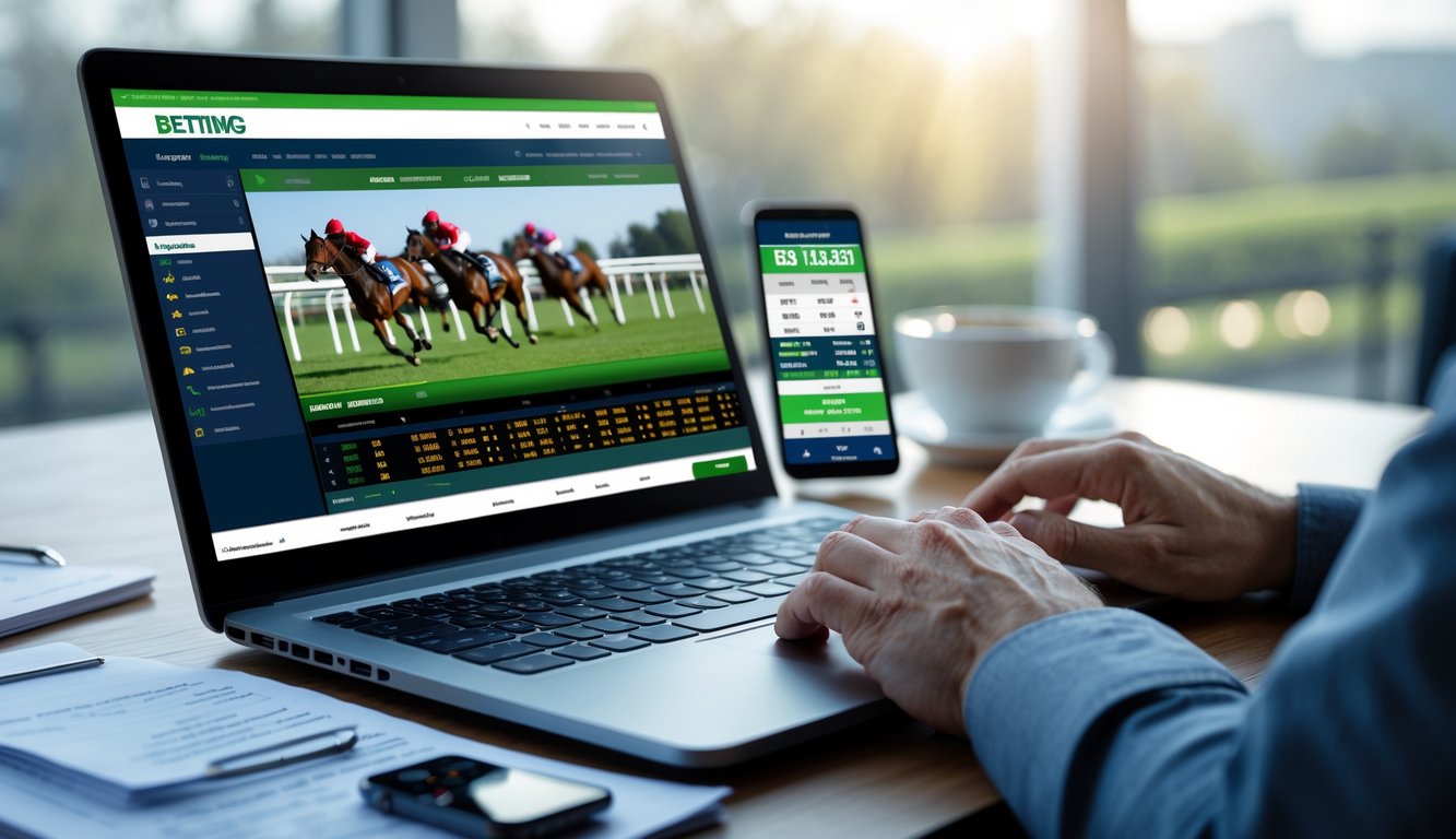 Seseorang sedang menggunakan laptop untuk memasang taruhan balap kuda online di sebuah meja kerja modern.