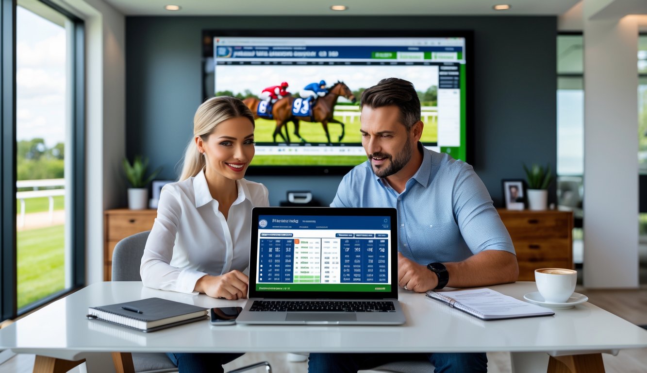 Seorang pria dan wanita duduk di meja kerja dengan laptop yang menampilkan statistik balap kuda, sambil fokus dan berdiskusi di ruang kerja yang terang dan modern.