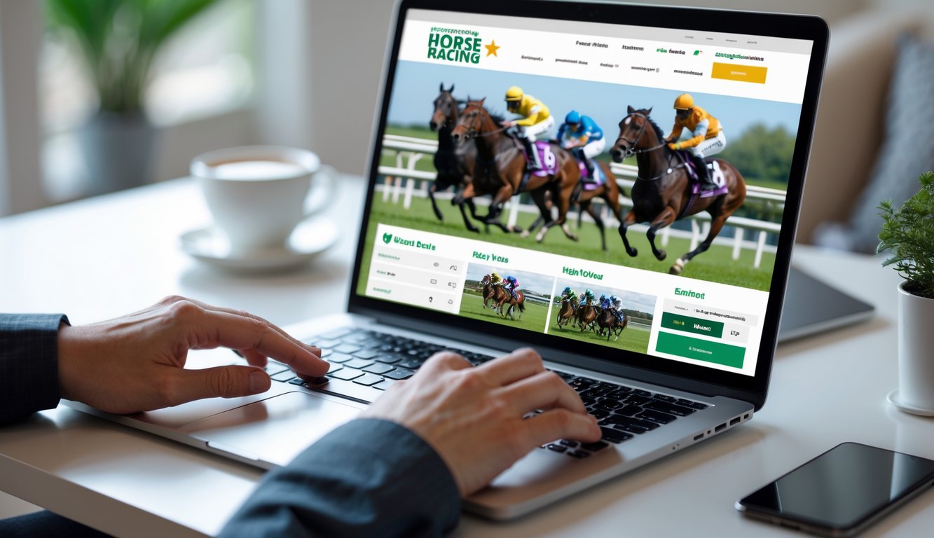 Seorang pengguna sedang menggunakan komputer untuk bertaruh pada balap kuda secara online di lingkungan kerja yang rapi dan nyaman.
