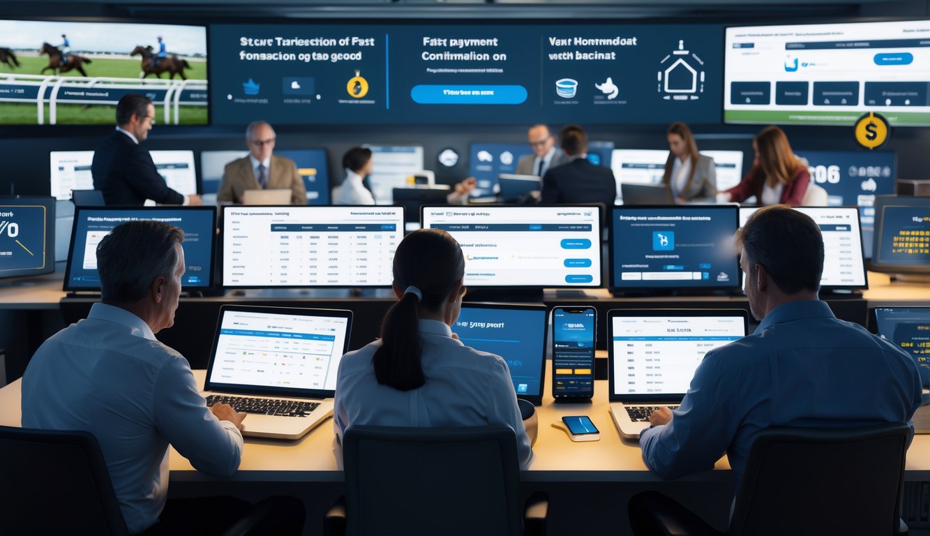 Beberapa orang menggunakan laptop dan ponsel untuk memasang taruhan balap kuda secara online di ruang kerja modern.