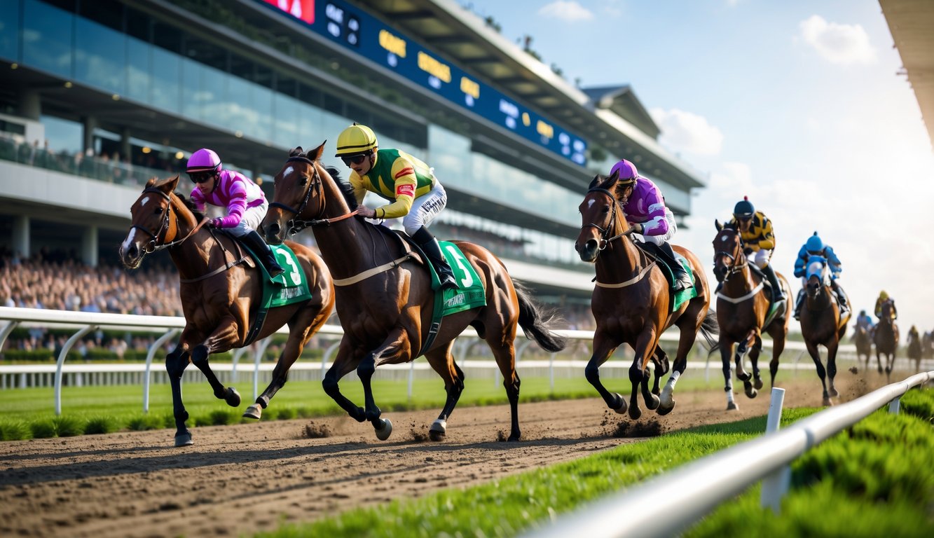 Lomba balap kuda dengan beberapa kuda dan joki yang sedang berlari cepat di lintasan balap dengan penonton di tribun.