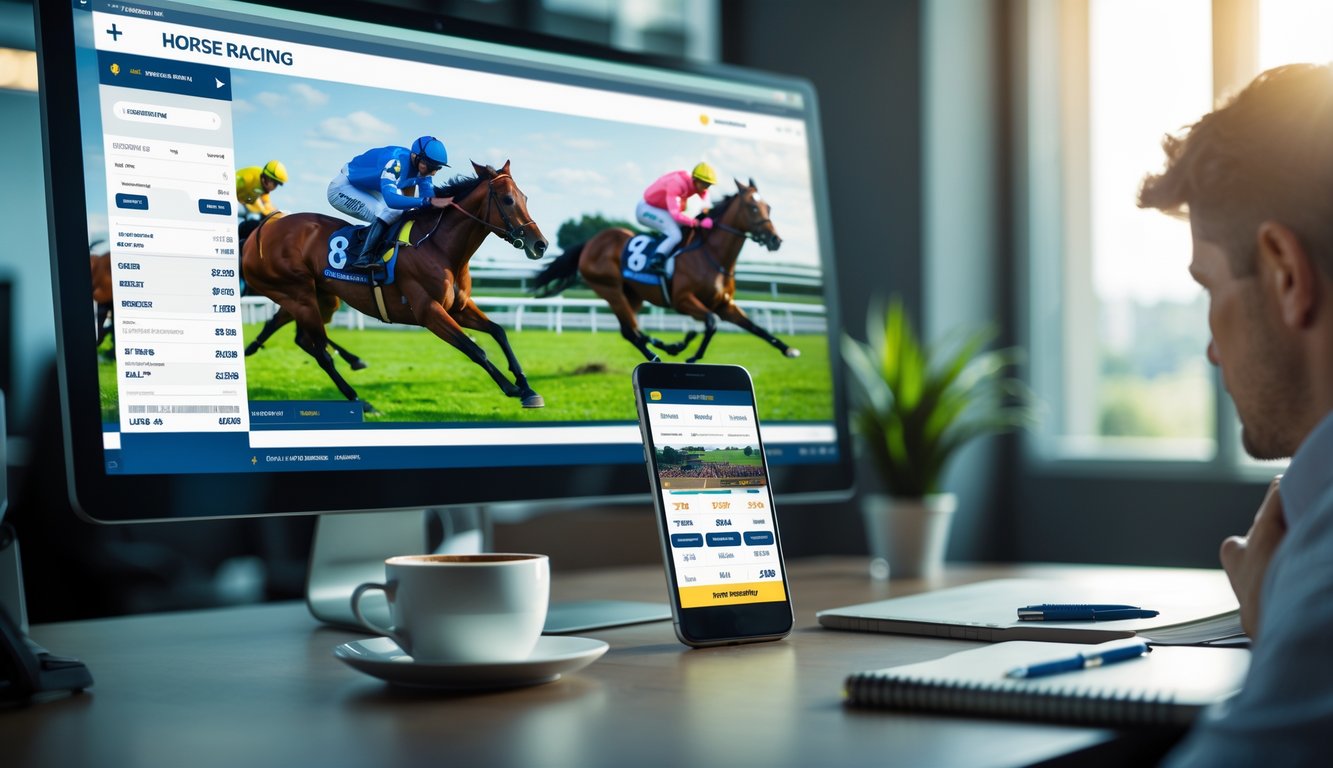 Seorang pria duduk di depan komputer dengan layar menampilkan balap kuda secara langsung dan ponsel di sampingnya menunjukkan aplikasi taruhan.