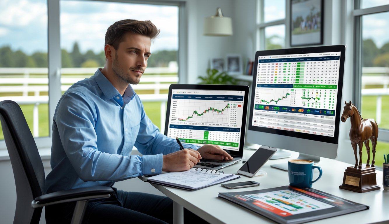 Seorang pria muda duduk di meja kerja dengan laptop dan tablet yang menampilkan data balap kuda, sambil mencatat dan melihat ke arah layar.