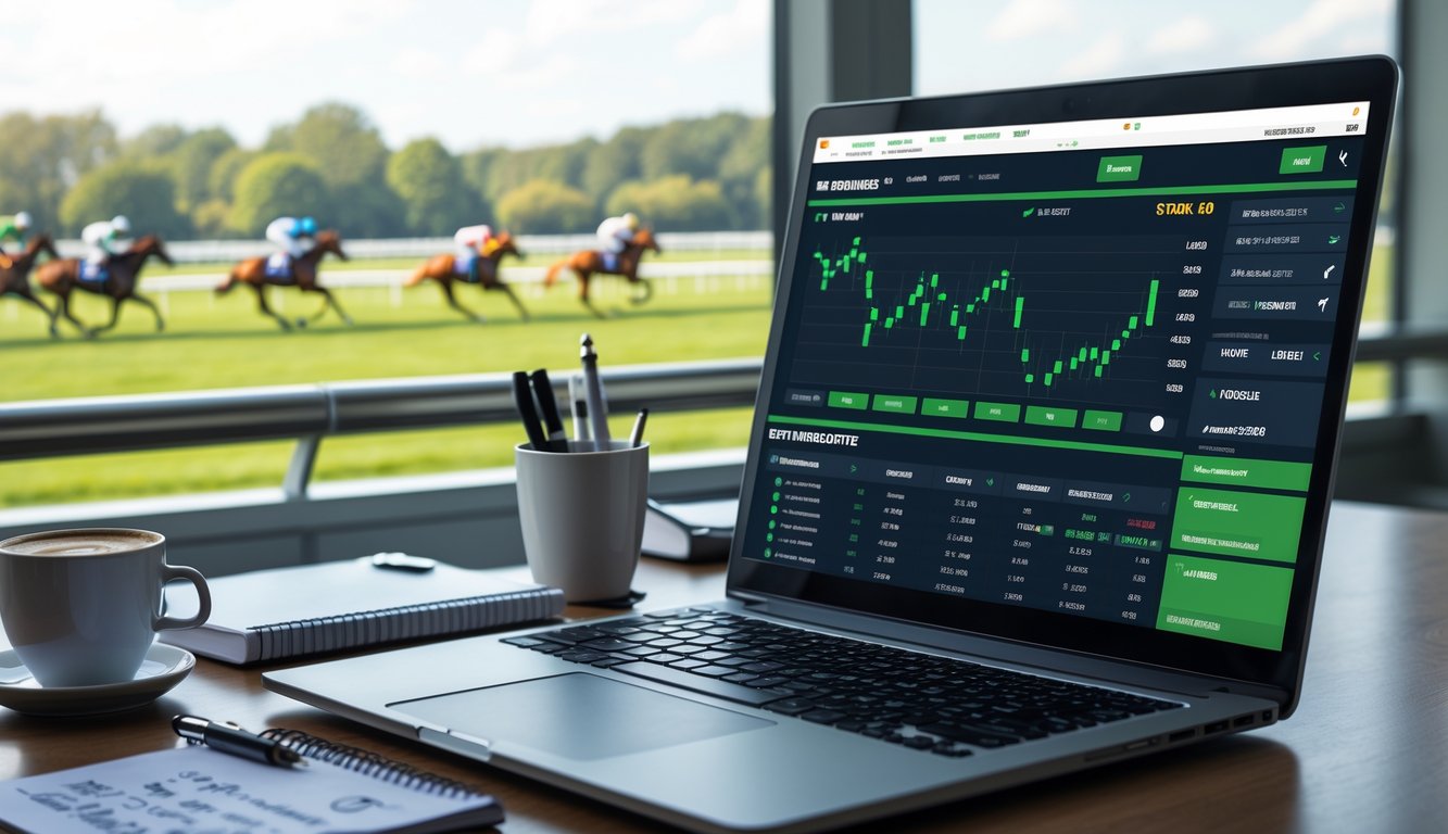 Seorang pria duduk di depan laptop dengan tampilan balap kuda online, di meja terdapat buku catatan dan secangkir kopi, di latar belakang terlihat arena pacuan kuda dengan kuda yang sedang berlari.