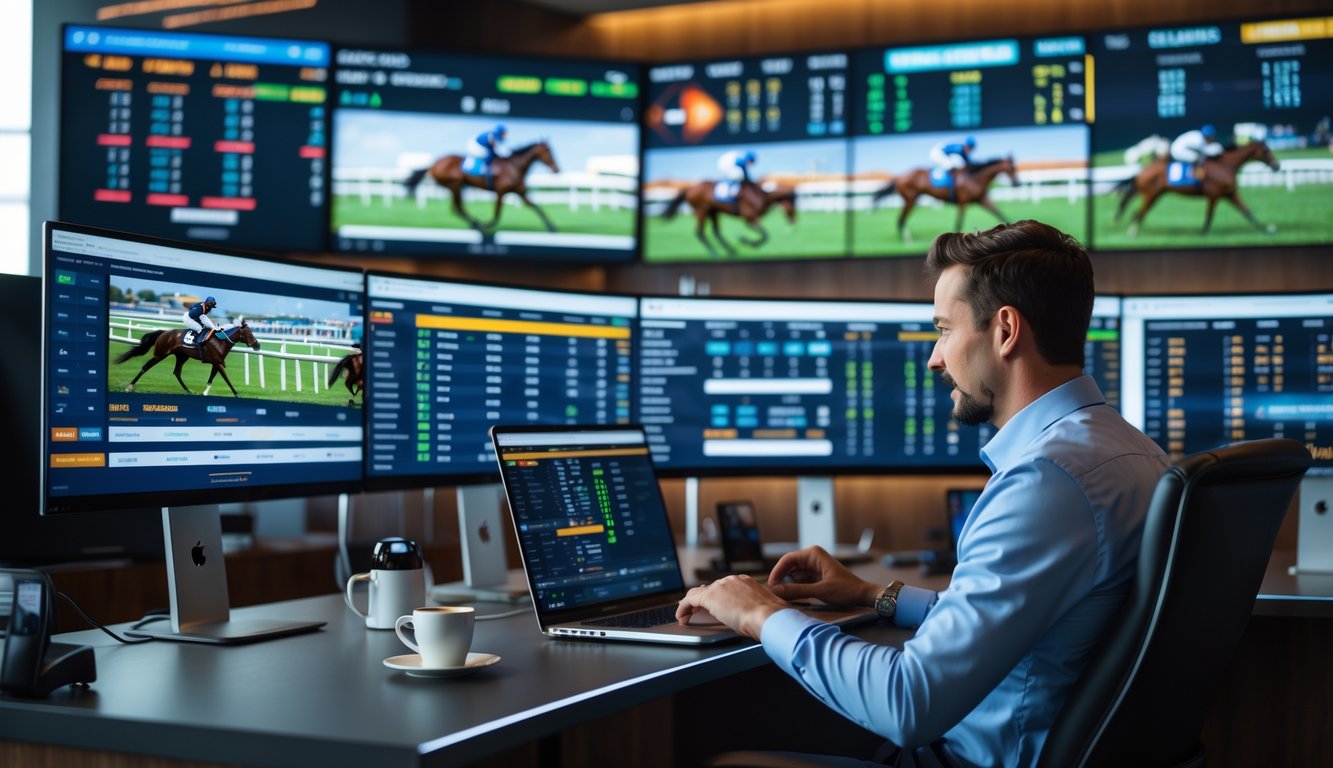 Seorang pemain profesional sedang duduk di depan beberapa layar komputer yang menampilkan balapan kuda secara langsung dan data taruhan, di sebuah ruangan modern yang terang.
