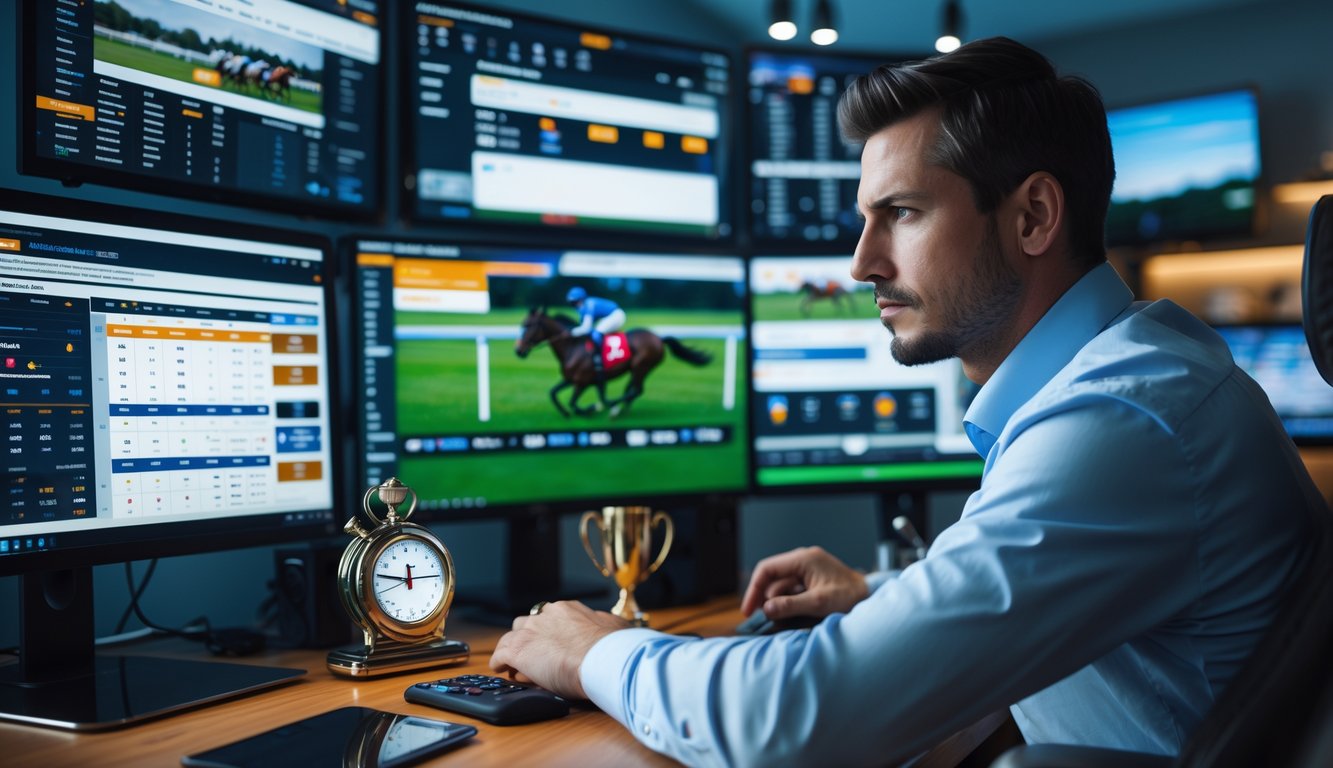 Seorang penjudi profesional fokus di depan beberapa layar komputer yang menampilkan balap kuda dan statistik taruhan di ruang kerja modern.