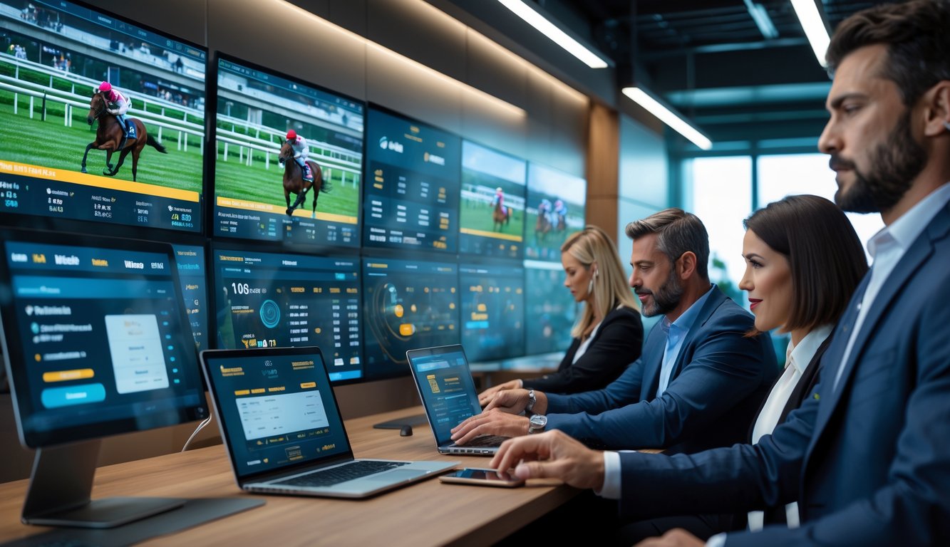 Orang-orang menggunakan komputer dan ponsel untuk memasang taruhan balap kuda secara online dengan tampilan layar balapan langsung.