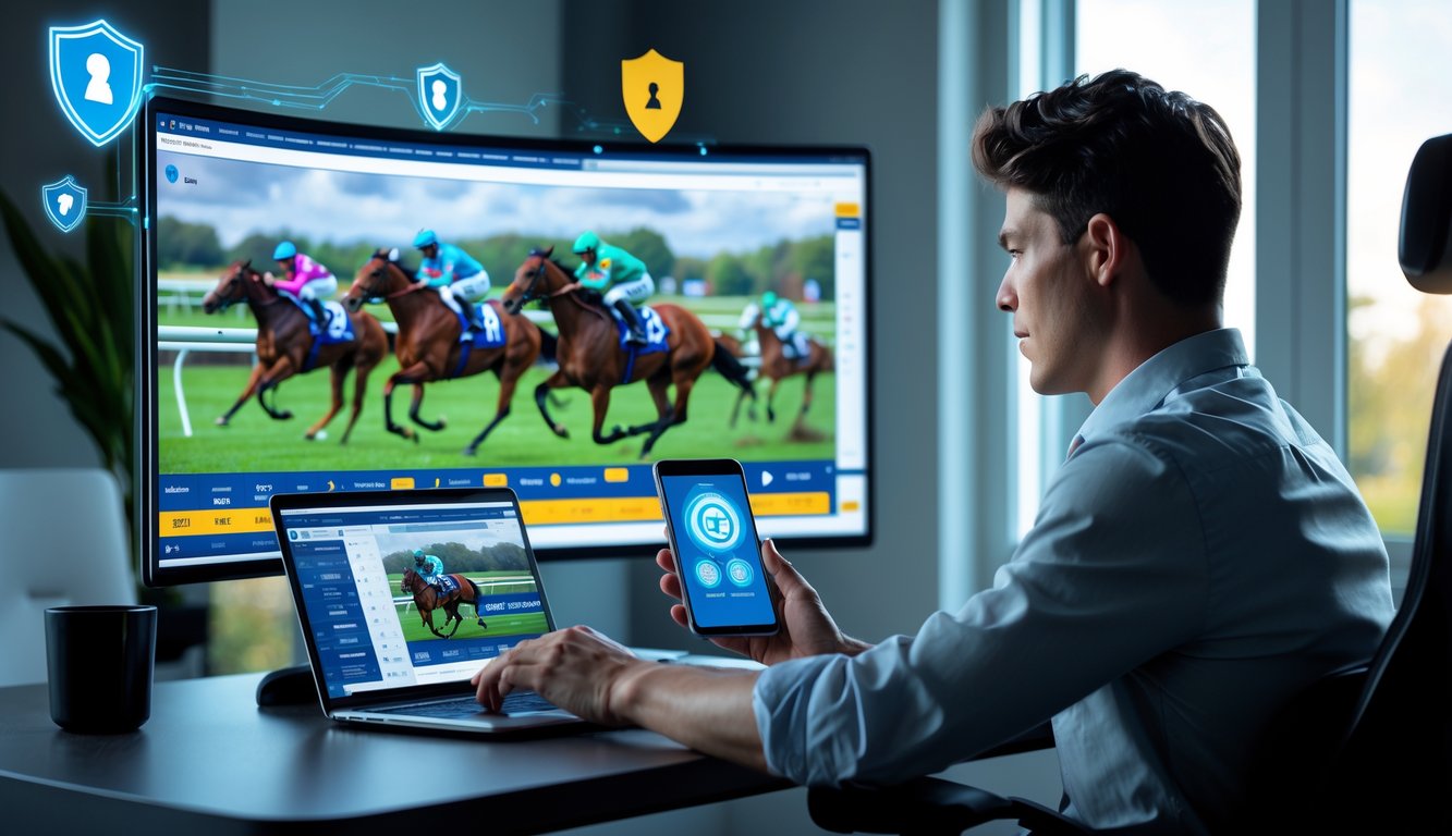 Seseorang menggunakan laptop dan ponsel untuk memasang taruhan balap kuda secara online dengan tampilan balapan langsung di layar.