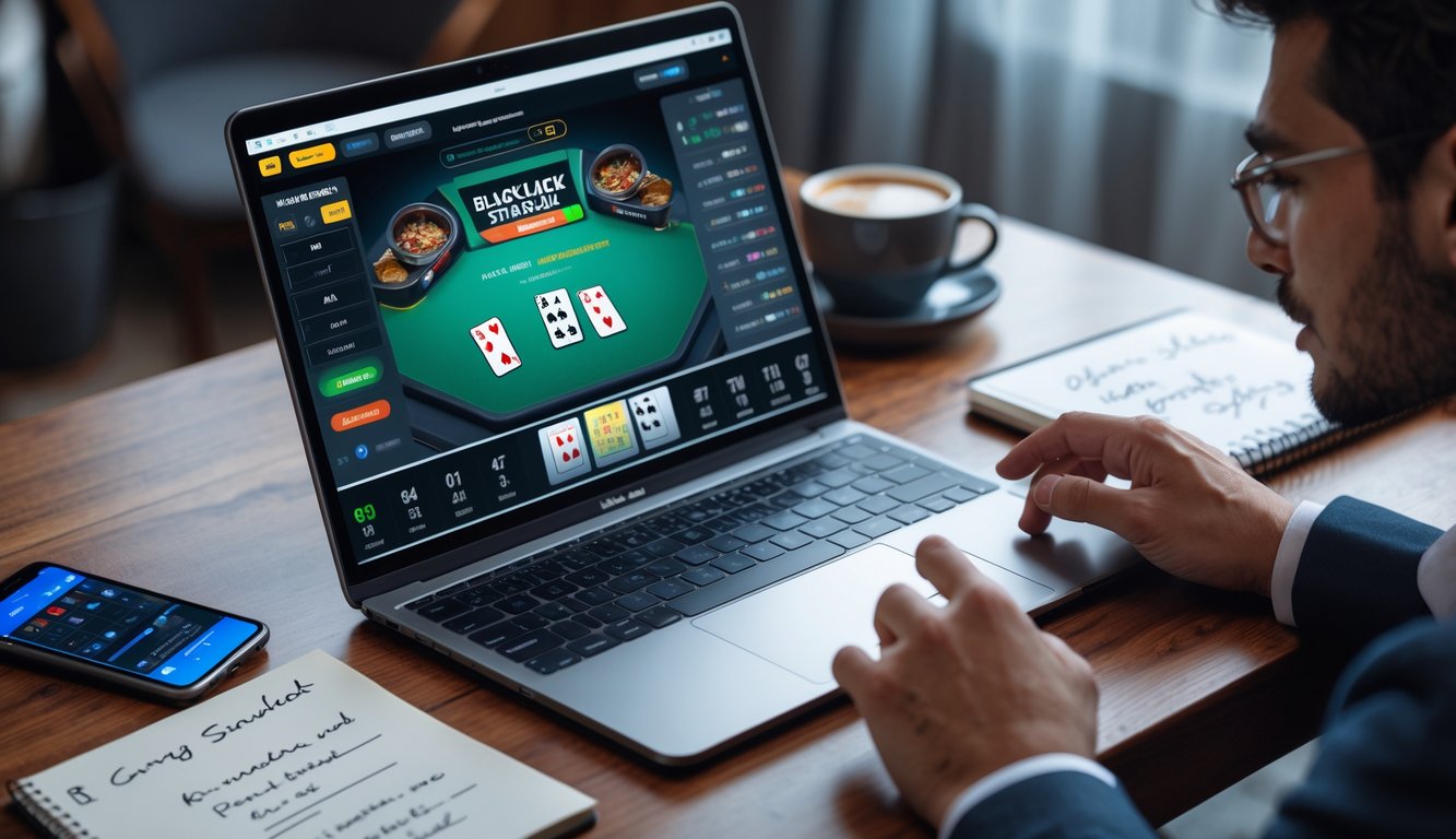 Seorang pemain muda fokus bermain blackjack online di depan laptop dengan suasana ruang kerja yang nyaman.