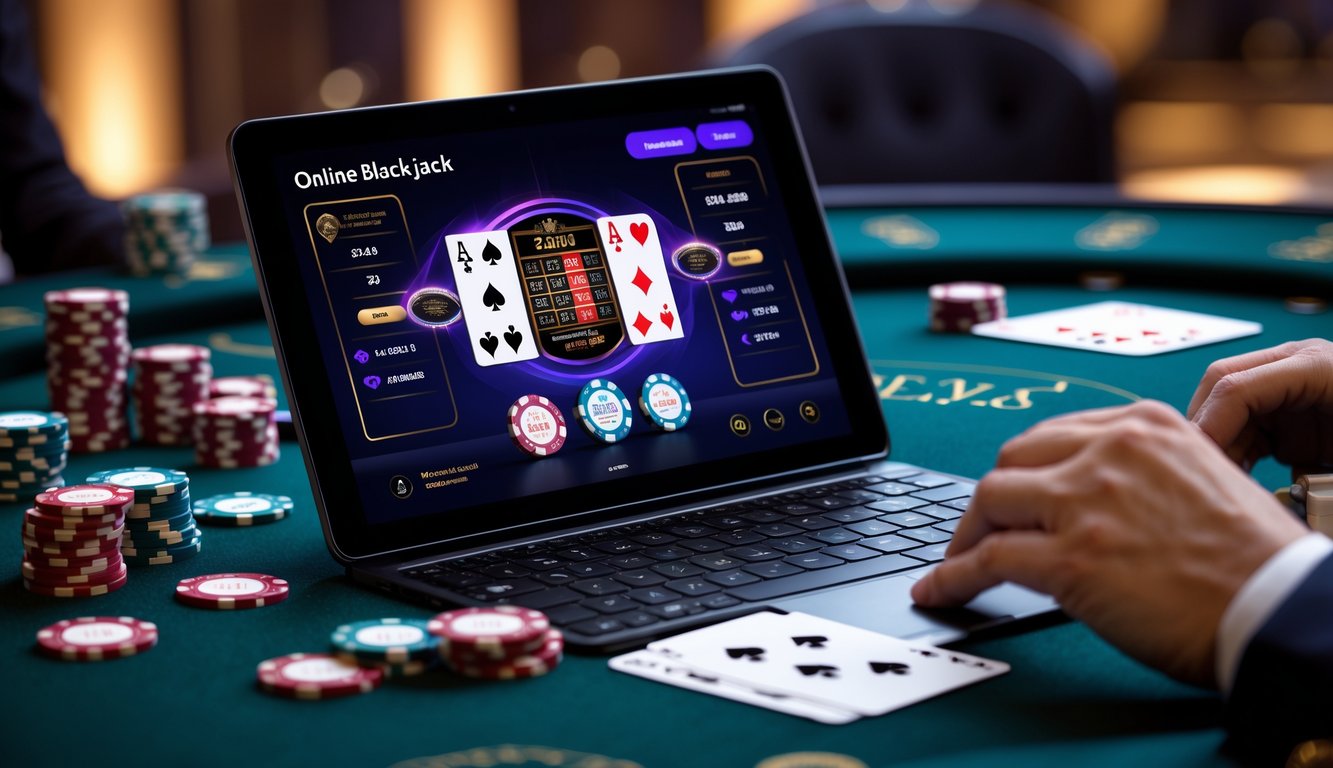 Sebuah laptop menampilkan permainan blackjack switch online dengan kartu dan chip poker di sekitarnya dalam suasana kasino yang elegan.