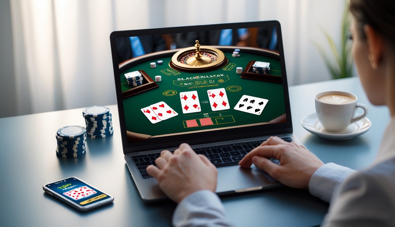 Seorang pemain menggunakan laptop untuk bermain blackjack switch online dengan kartu terlihat di layar, di meja kerja yang rapi dan terang.