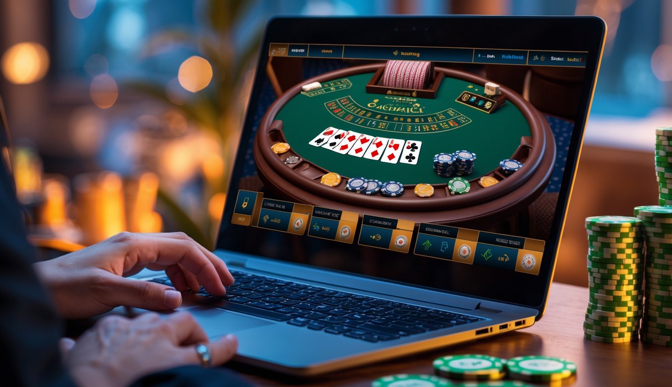 Seorang pemain sedang bermain blackjack switch online di laptop dengan tumpukan chip di samping dan meja kartu virtual di layar.