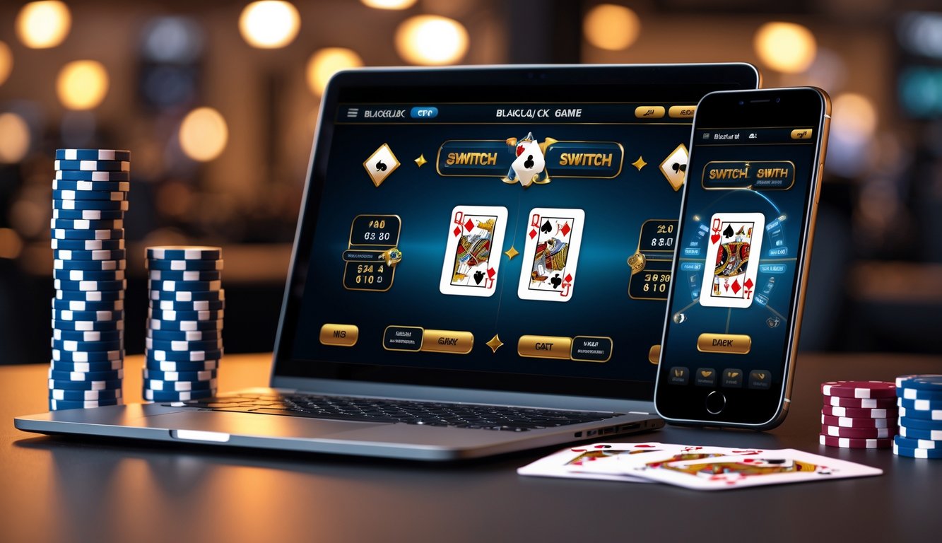 Seorang pemain sedang bermain blackjack switch online di laptop dengan tumpukan chip dan kartu di sekitarnya.