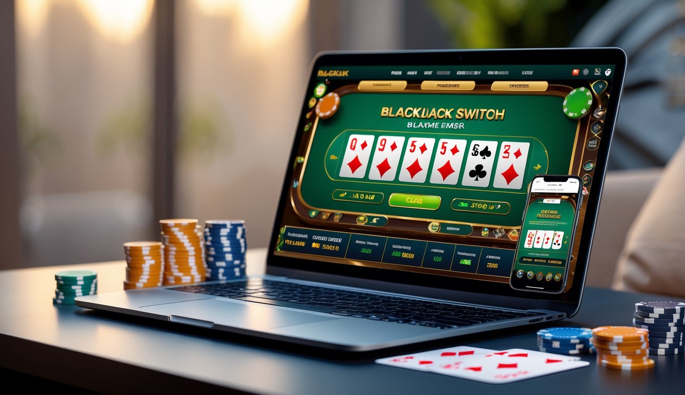 Seorang pemain menggunakan laptop dengan permainan blackjack online, dikelilingi oleh chip poker dan kartu remi di meja.