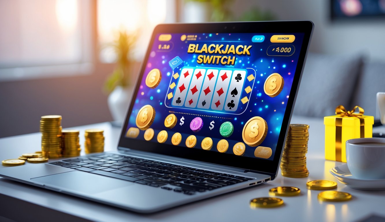 Seorang pemain menggunakan komputer dengan tampilan permainan Blackjack Switch online yang cerah dan menarik, dikelilingi oleh koin emas dan simbol bonus di meja yang rapi.