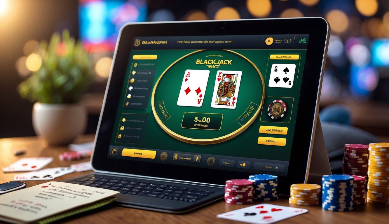 Seseorang sedang bermain Blackjack Switch online di layar komputer dengan kartu, chip poker, dan catatan di sekitarnya.