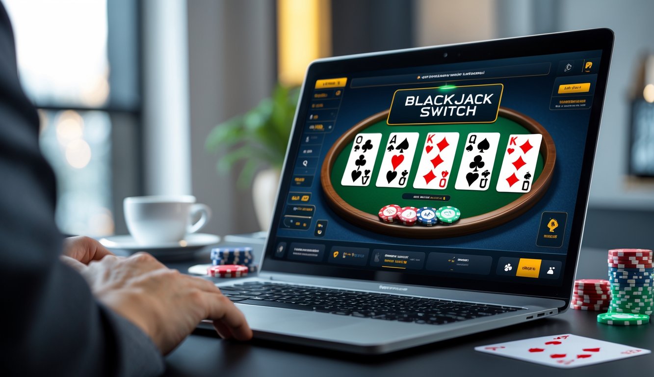 Seorang pemain sedang bermain blackjack switch online di depan layar komputer dengan kartu dan chip terlihat jelas.