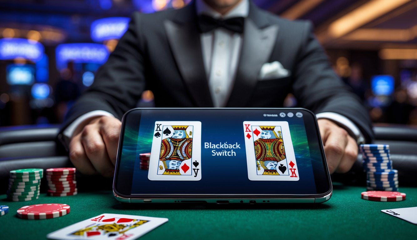 Seorang dealer kasino langsung sedang mengawasi permainan blackjack switch online dengan kartu dan chip di meja hijau.