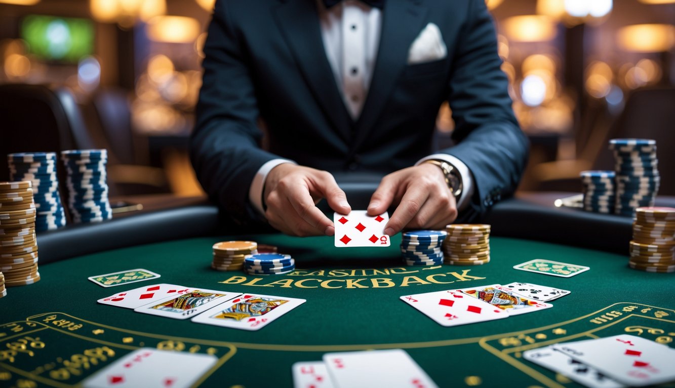 Seorang dealer di meja blackjack dengan kartu dan chip di lingkungan kasino yang mewah.