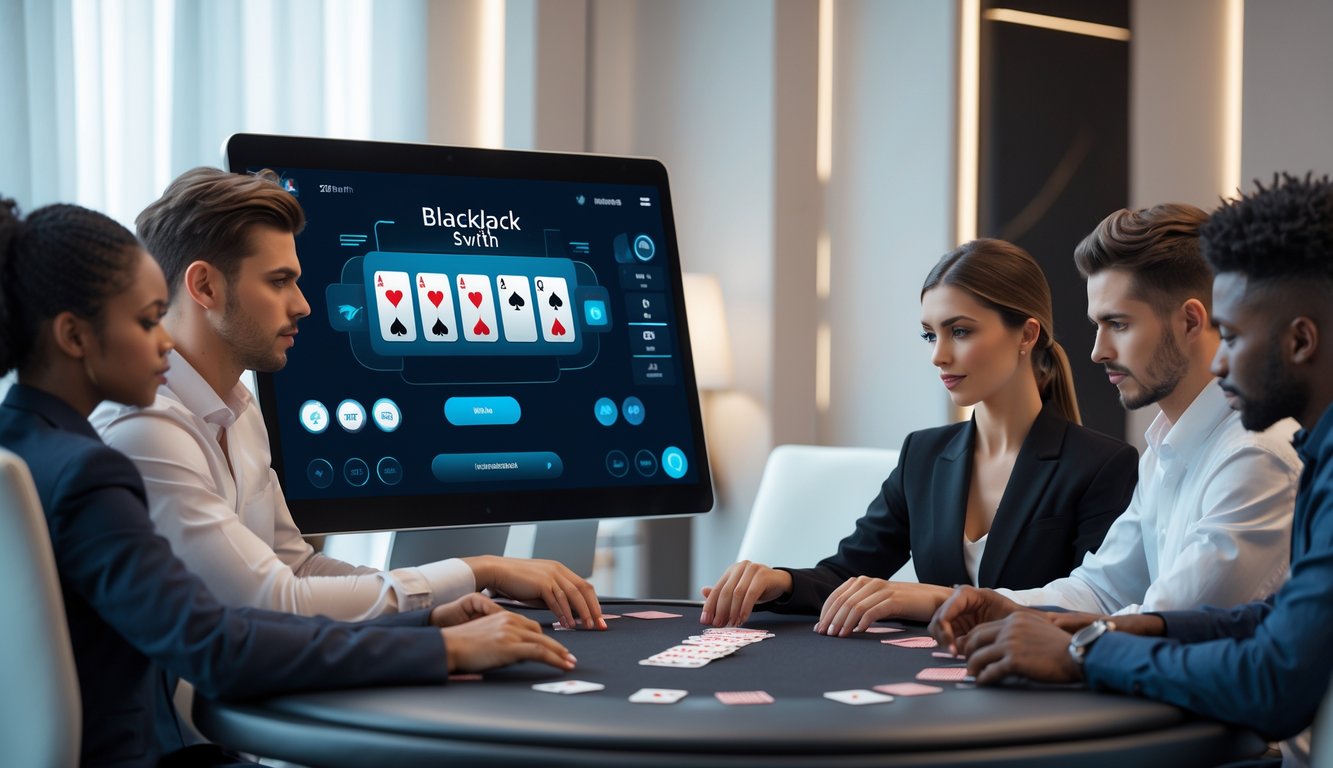Beberapa orang bermain blackjack switch online di depan layar komputer dalam ruangan modern.