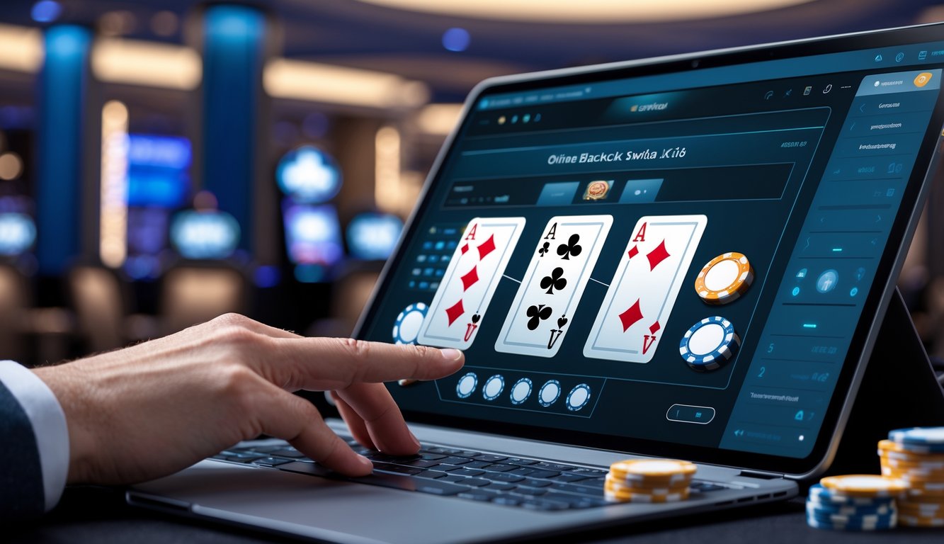 Seorang pemain sedang menggunakan perangkat digital untuk bermain blackjack switch online dengan kartu dan chip terlihat di layar.