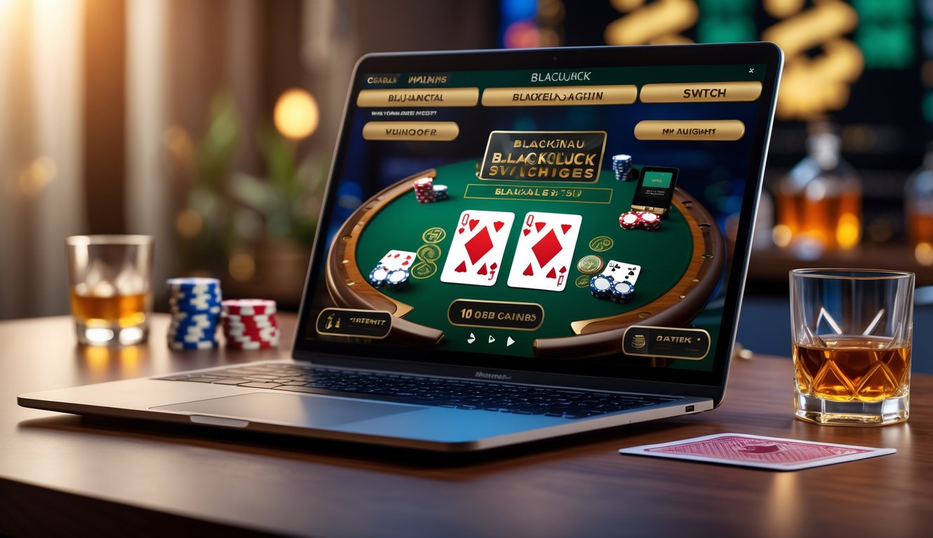 Laptop dan smartphone menampilkan permainan blackjack online dengan kartu dan chip di atas meja kayu.