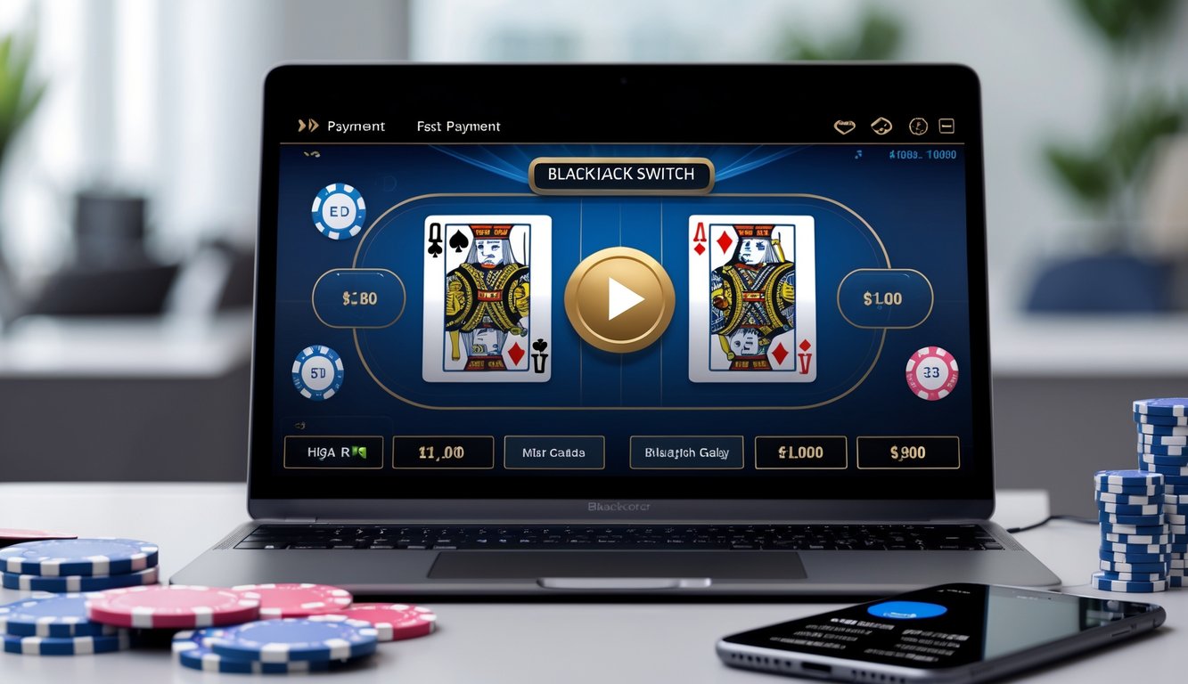 Seorang pemain menggunakan laptop dengan tampilan permainan blackjack online di layar, di meja terdapat chip poker dan kartu remi.