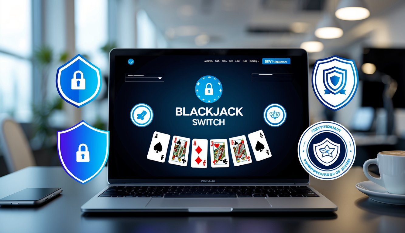 Seorang pria menggunakan laptop dengan tampilan permainan Blackjack Switch online, dikelilingi oleh simbol keamanan dan kepercayaan di meja kerja yang rapi.