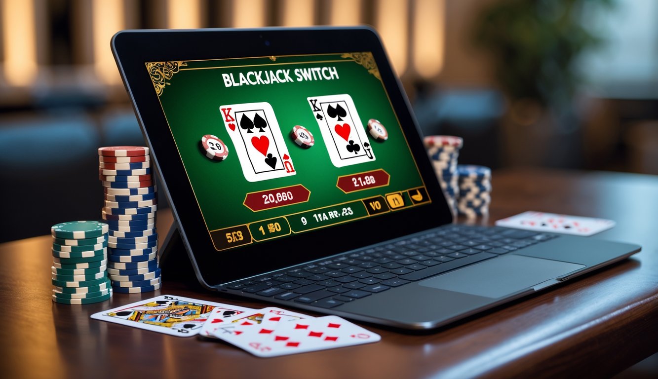 Sebuah perangkat digital menampilkan permainan blackjack online dengan kartu dan chip poker di atas meja kayu.