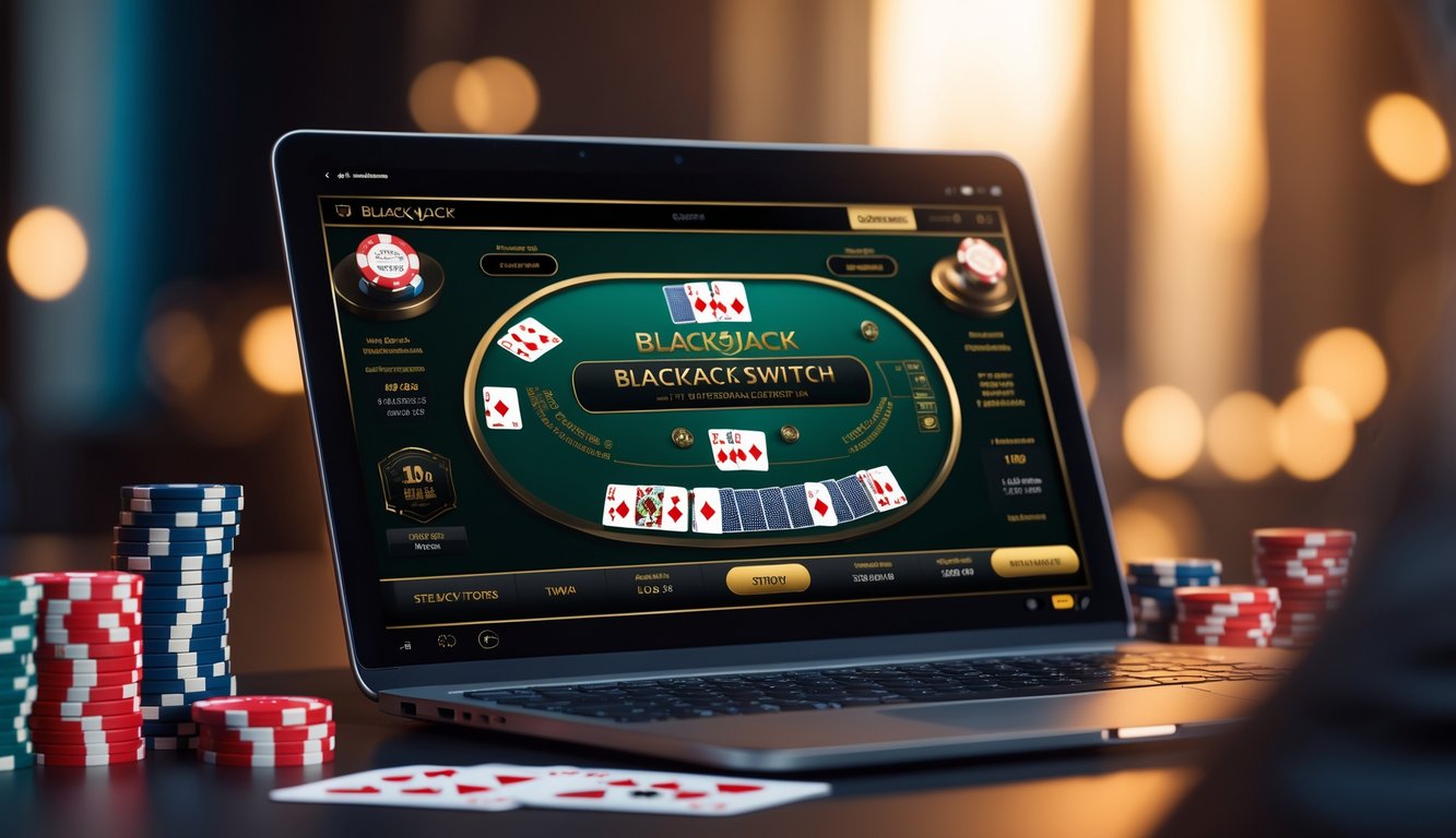 Layar komputer menampilkan permainan blackjack switch online dengan kartu dan chip poker di sekitarnya.