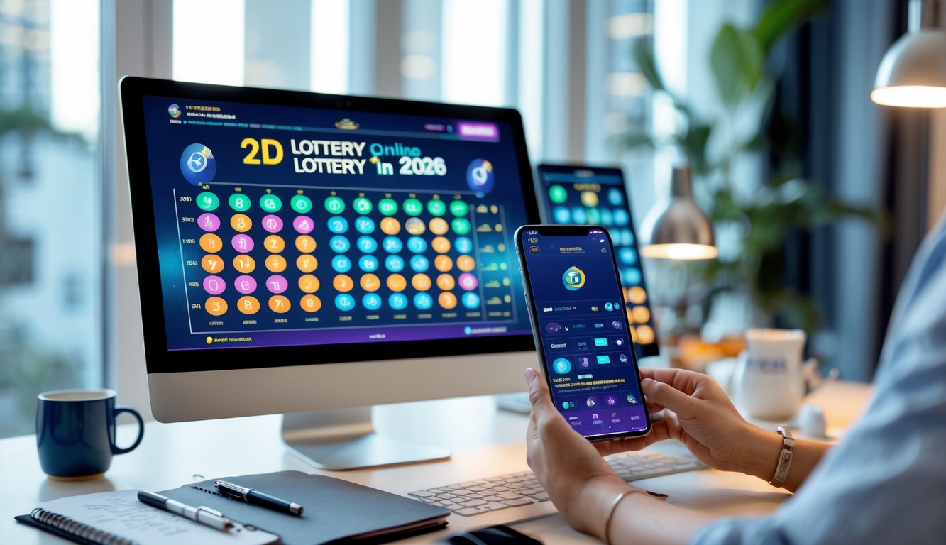 Seorang individu bekerja di meja dengan komputer dan ponsel yang menampilkan angka lotere 2D, dikelilingi oleh alat tulis dan secangkir kopi.