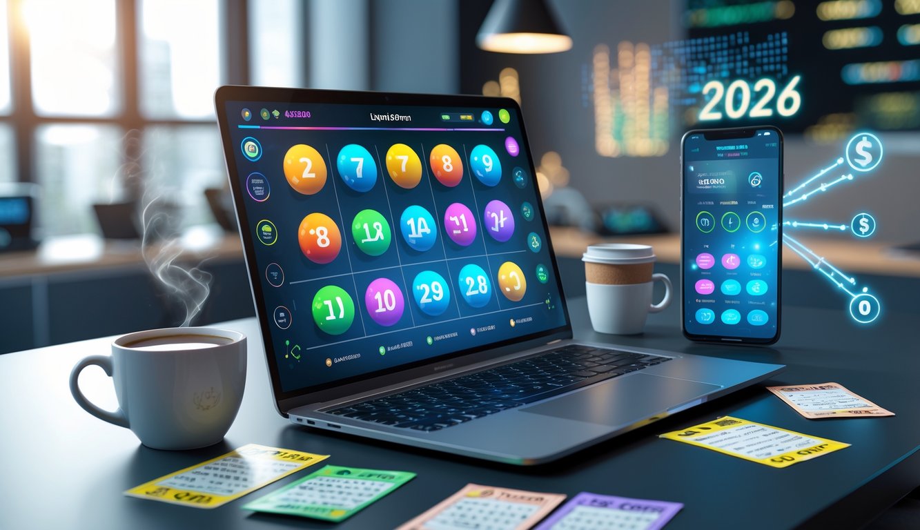 Seorang pengguna duduk di depan laptop dengan tampilan angka togel dan grafik, dikelilingi tiket togel dan ponsel, menunjukkan aktivitas bermain togel online.