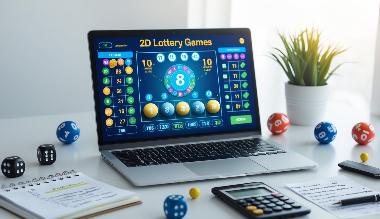 Seorang pengguna laptop di meja kerja dengan tampilan antarmuka lotere digital dan beberapa bola lotere serta alat tulis di sekitarnya.