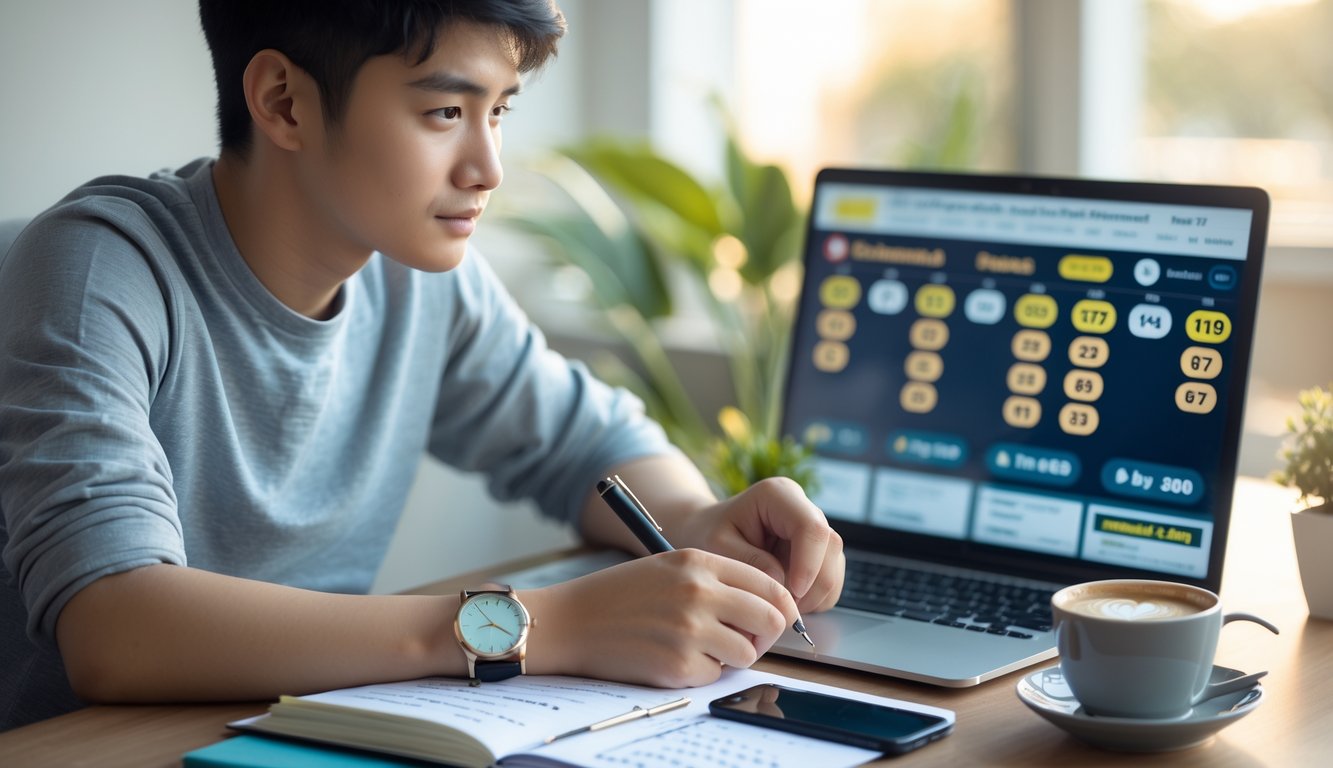 Seorang dewasa muda duduk di meja kerja dengan laptop dan catatan, fokus mempelajari strategi togel online.