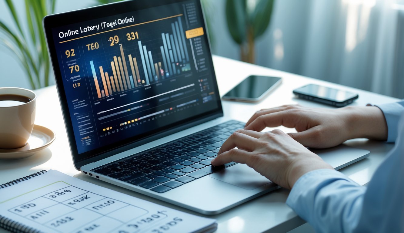Seorang pria duduk di depan laptop dengan layar menampilkan angka dan grafik, di meja terdapat kopi, ponsel, dan buku catatan, suasana kerja yang fokus dan terorganisir.