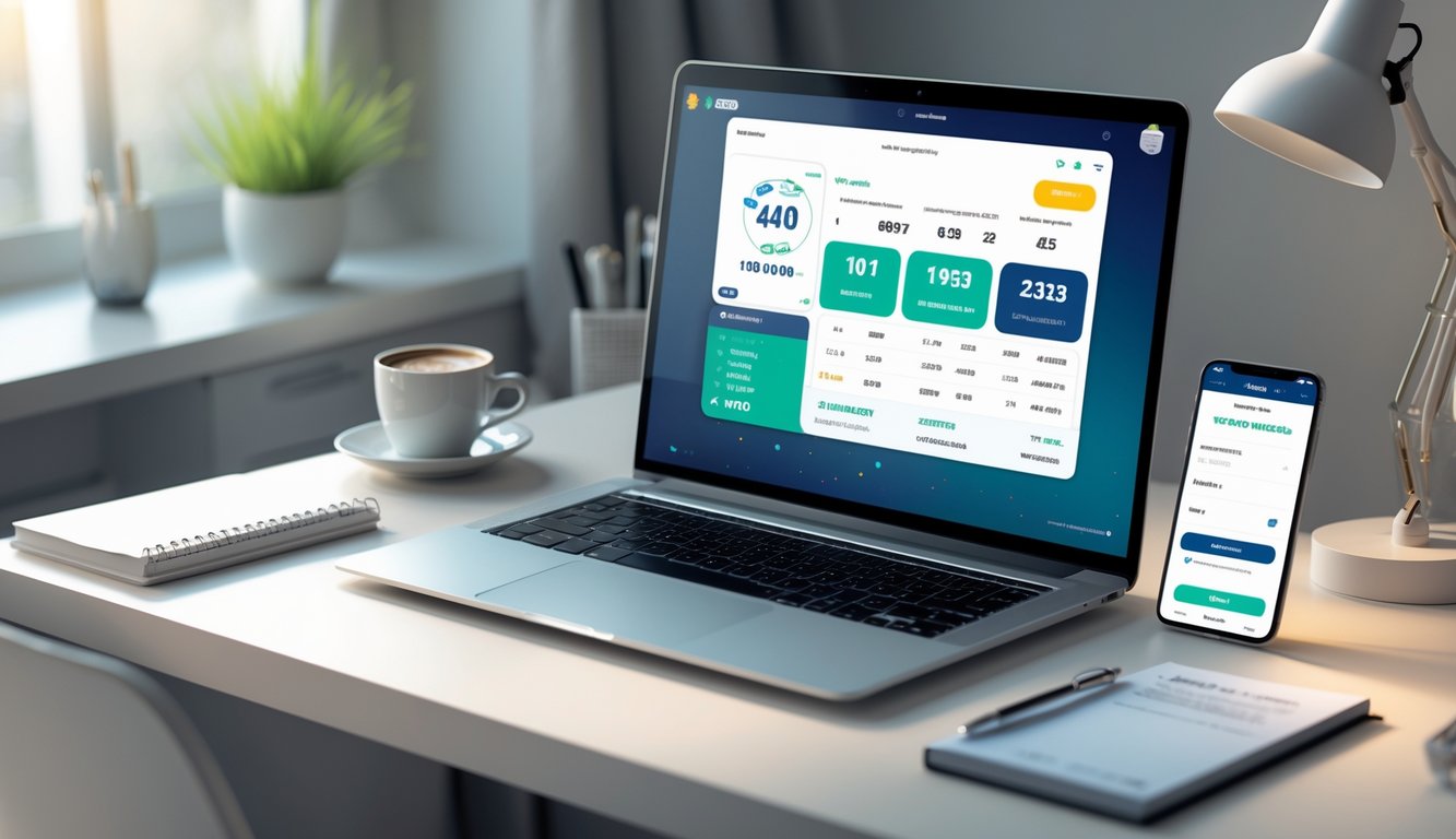 Meja kerja modern dengan laptop dan ponsel yang menampilkan aktivitas permainan togel online dan pembayaran cepat.