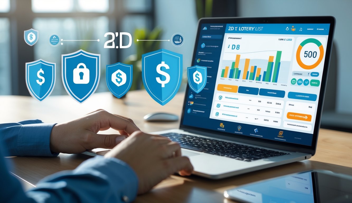 Seseorang sedang menggunakan laptop di meja kerja modern dengan tampilan platform lotere online dan ikon pembayaran yang aman.