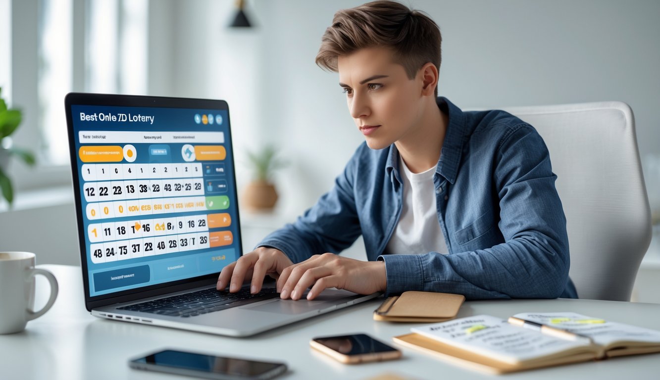 Seorang dewasa muda duduk di meja dengan laptop, fokus menggunakan aplikasi togel online dengan suasana terang dan rapi.