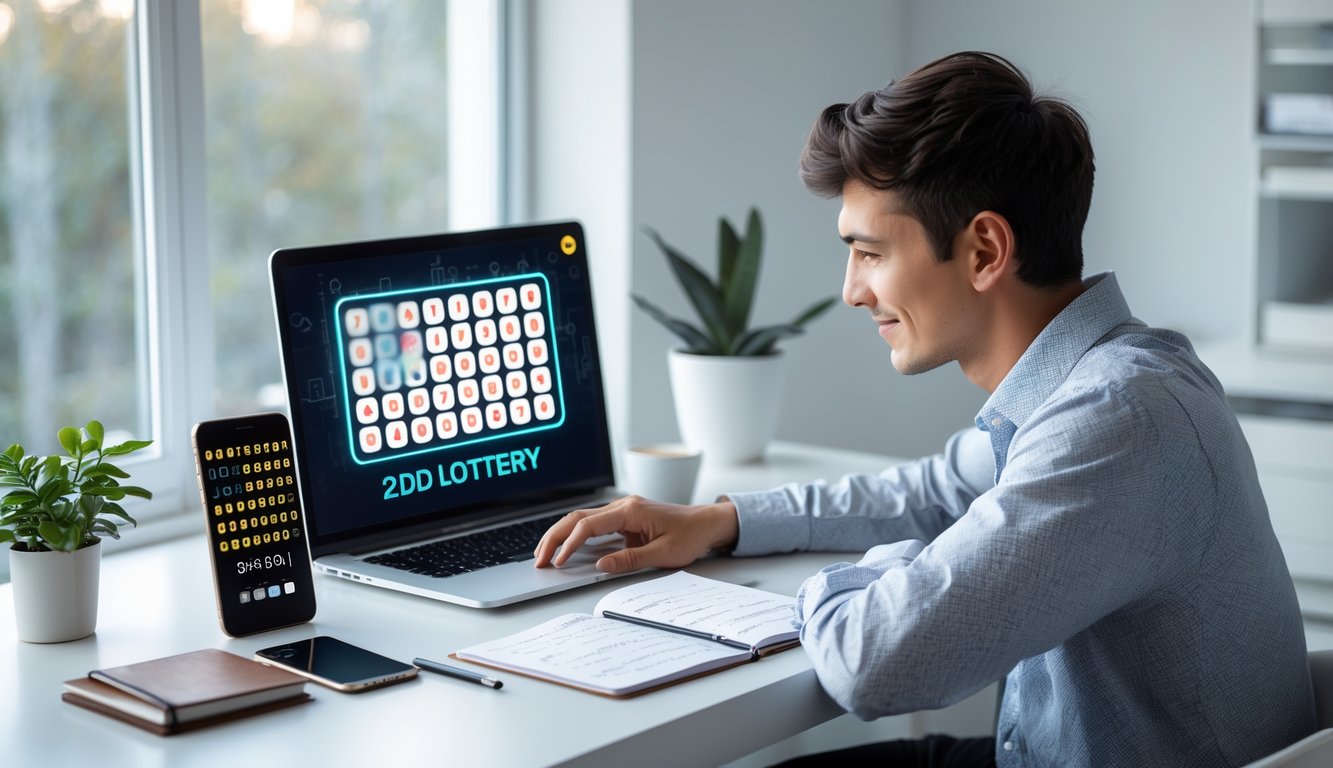 Seorang dewasa muda sedang duduk di meja dengan laptop terbuka, fokus belajar tentang permainan togel online di ruangan terang dan rapi.