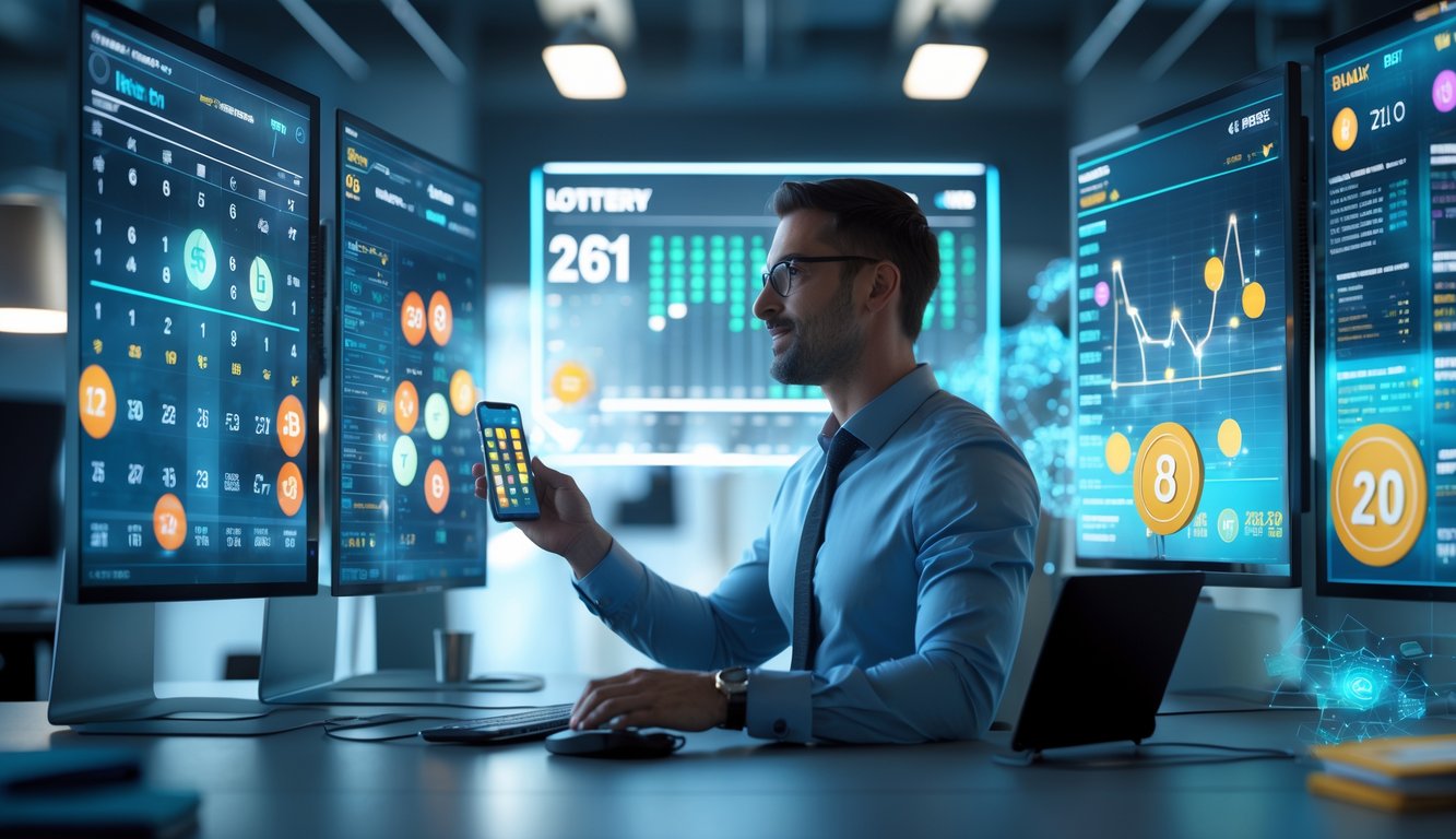 Seorang profesional sedang menganalisis data di depan beberapa layar digital di kantor modern.